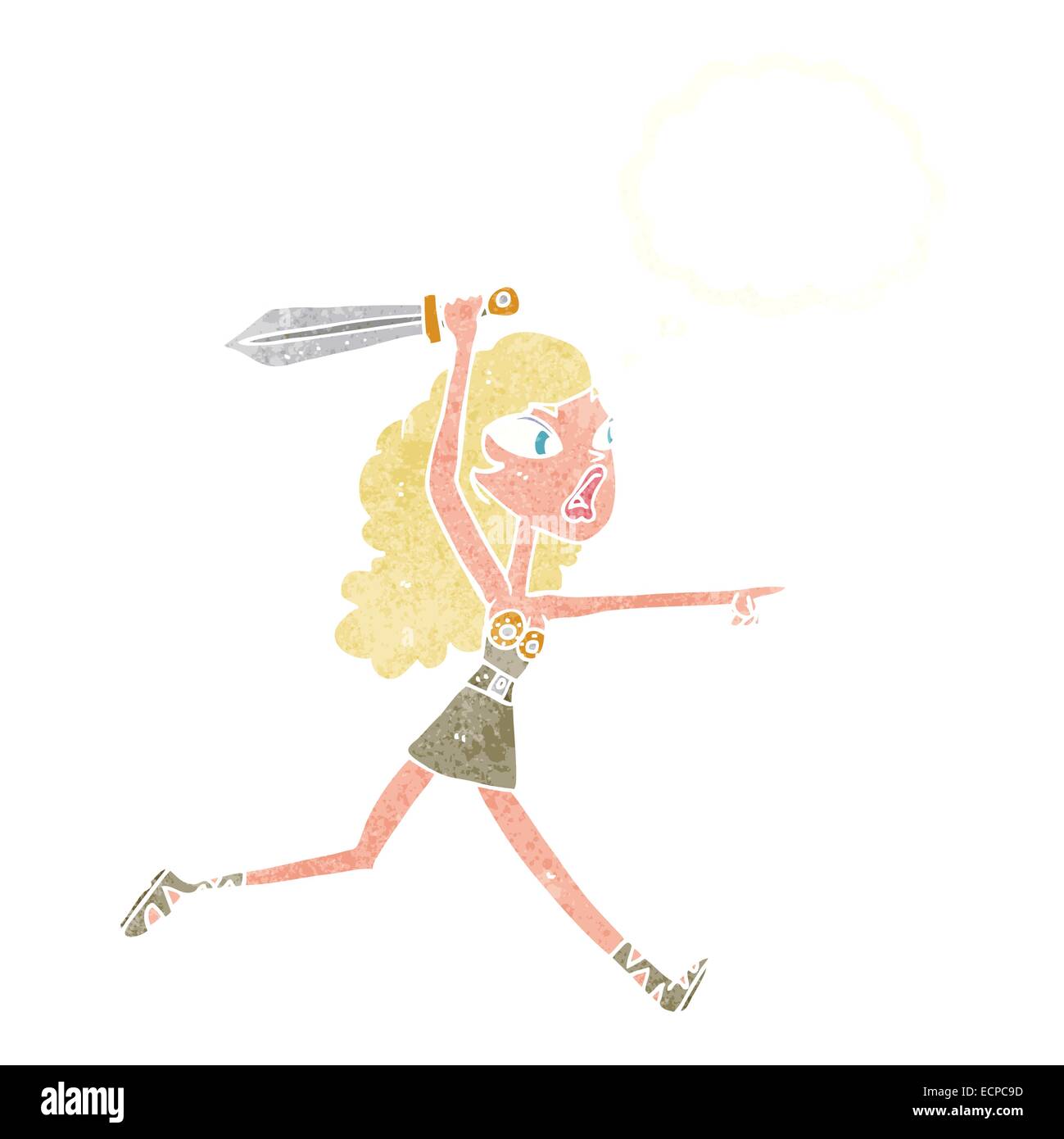 Cartoon-Viking Mädchen mit Schwert mit Gedankenblase Stock Vektor