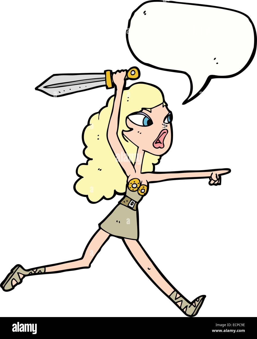 Cartoon-Viking Mädchen mit Schwert mit Sprechblase Stock Vektor