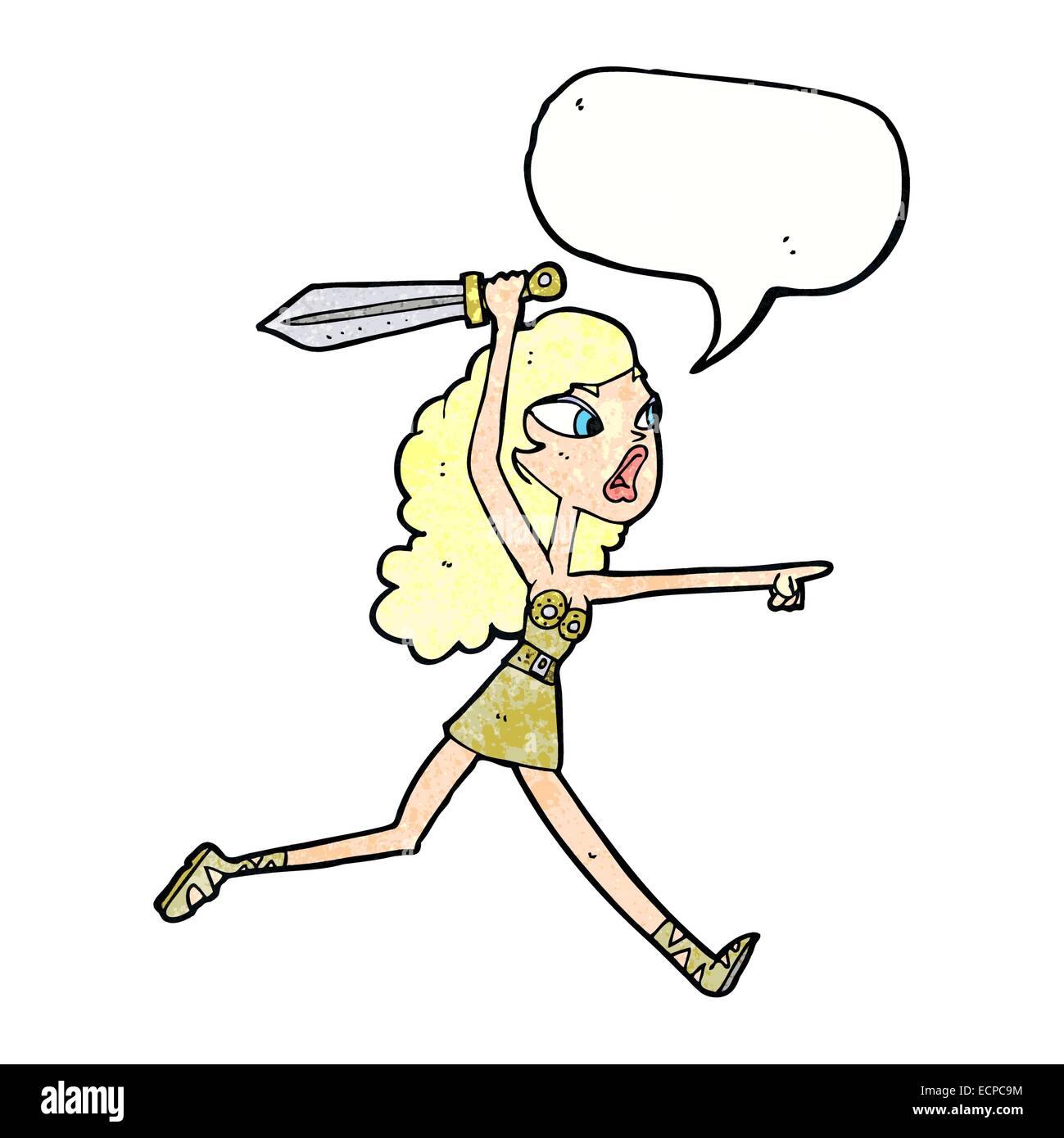 Cartoon-Viking Mädchen mit Schwert mit Sprechblase Stock Vektor