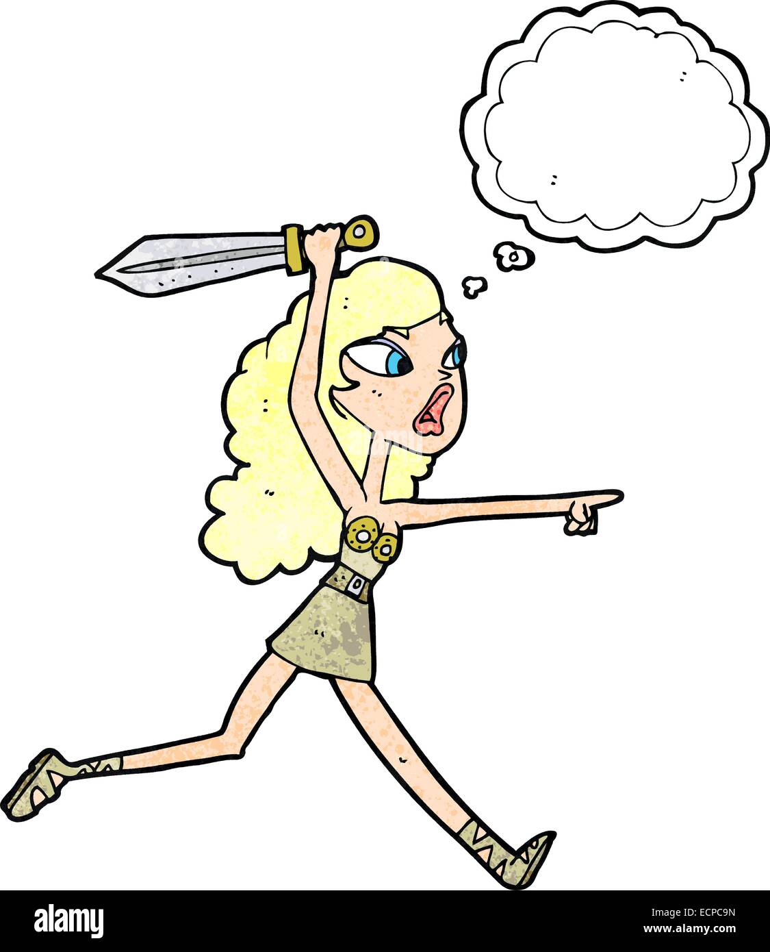 Cartoon-Viking Mädchen mit Schwert mit Gedankenblase Stock Vektor