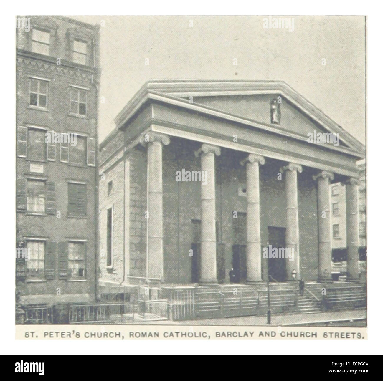 Diese Illustration von King aus dem Jahr 1893 zeigt die römisch-katholische Kirche St. Peter in der Barclay Street und der Church Street in New York City. Die Kirche, ein wichtiges religiöses Wahrzeichen in der Gegend, ist in ihrer architektonischen Pracht dargestellt und dient als wichtiger Ort der Anbetung für die örtliche Gemeinde. Stockfoto