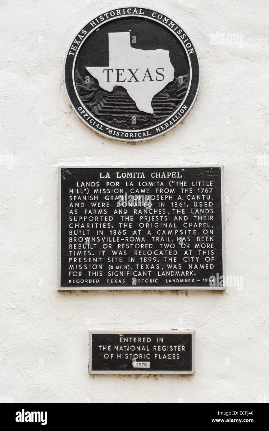 Die Texas Historical Commission-Plakette an der La Lomita Kapelle in der Nähe von Mission, Texas, USA. Stockfoto