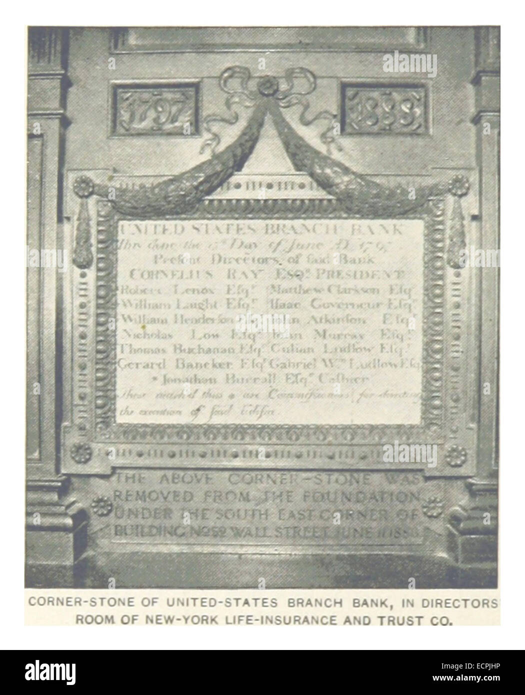 Diese Illustration aus dem Jahr 1893 aus Kings Arbeit zeigt den Eckpfeiler der United States Branch Bank, die sich im Direktorenraum der New York Life-Insurance and Trust Co. Befindet und einen Moment der amerikanischen Finanzgeschichte erfasst. Stockfoto