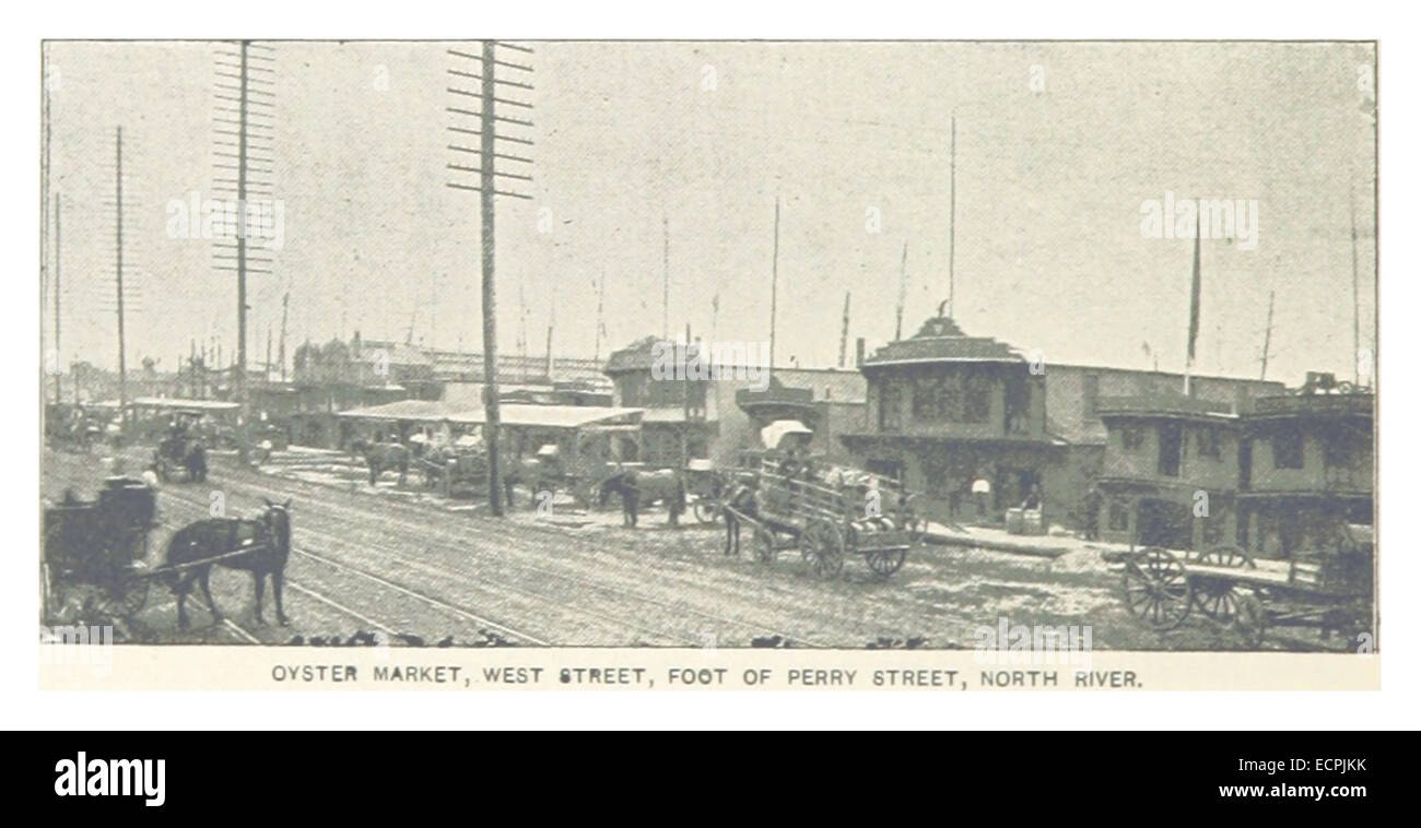 Eine Illustration aus dem Jahr 1893, die den Oyster Market am Fuße der Perry Street an der West Street, North River, darstellt, einem wichtigen Handelsknotenpunkt für Austern in New York City. Stockfoto