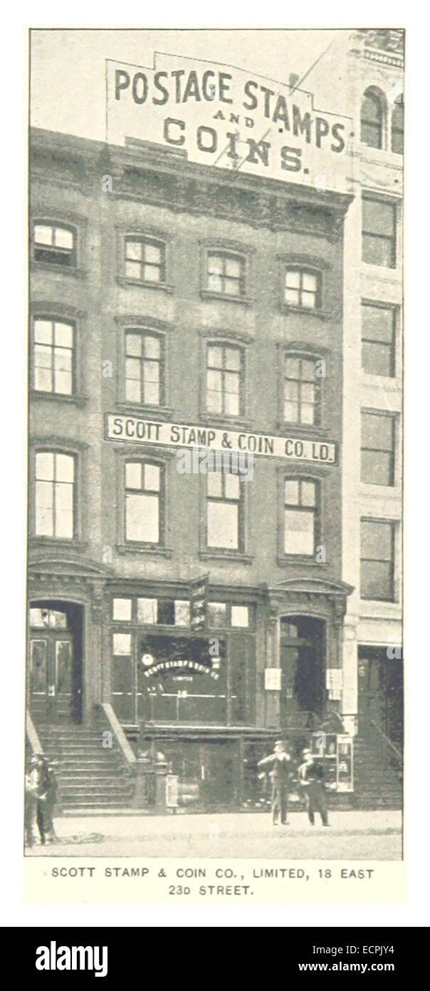 Eine Illustration aus King1893NYC, Seite 874, die die Scott Stamp & Coin Company Ltd. In der 18 East 23rd Street, New York, darstellt. Das Bild spiegelt die Bedeutung dieses Unternehmens im Briefmarken- und Münzhandel im späten 19. Jahrhundert wider. Stockfoto