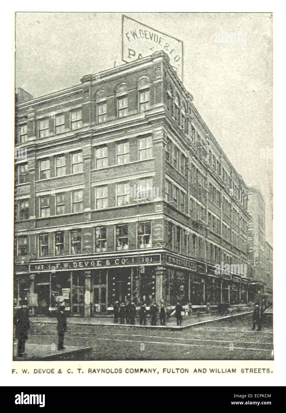 Abbildung von King (1893), Seite 955, zeigt den Standort von F. W. DeVoe & C. T. Raynolds Company in Fulton und William Street, NYC. Stockfoto