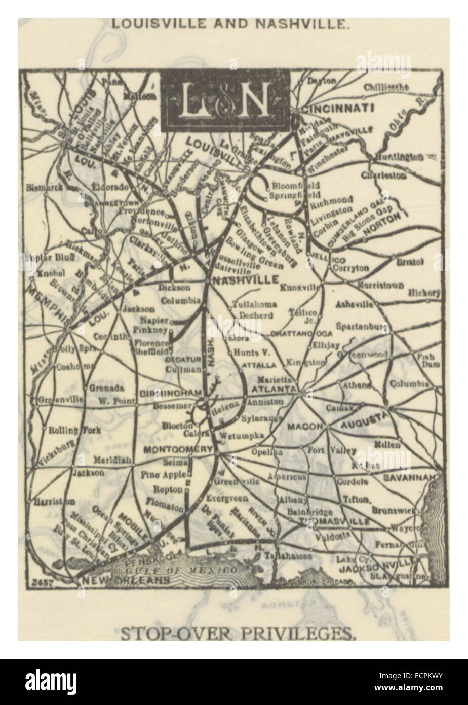 Eine Netzwerkkarte der Louisville & Nashville Railroad Company, die die Bahnlinien und Verbindungen durch die Vereinigten Staaten zeigt. Die Karte spiegelt den Betrieb und die Expansion des Unternehmens während des späten 19. Jahrhunderts wider. Stockfoto