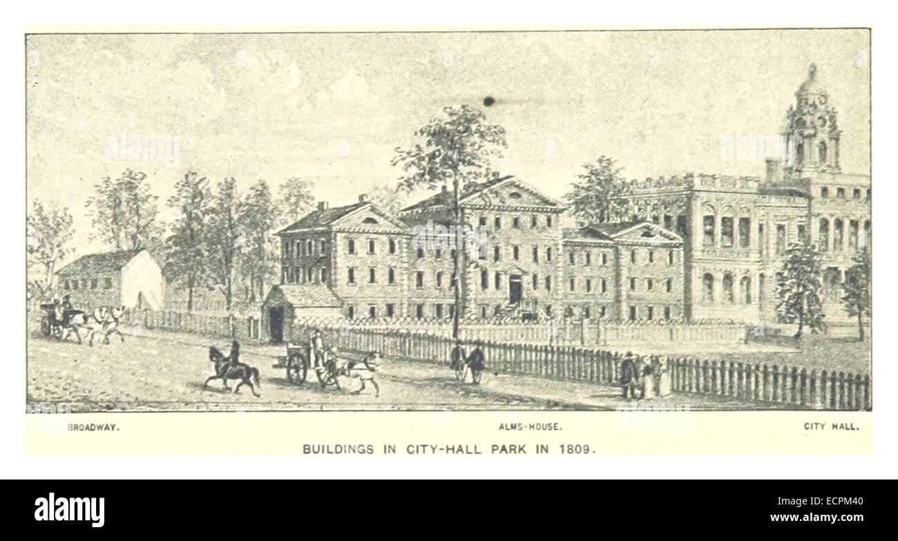 Diese Illustration aus dem Jahr 1809 zeigt ein Gebäude im City-Hall Park, New York, das frühamerikanische Architekturdesign in einem der zentralen öffentlichen Bereiche der Stadt zeigt. Stockfoto