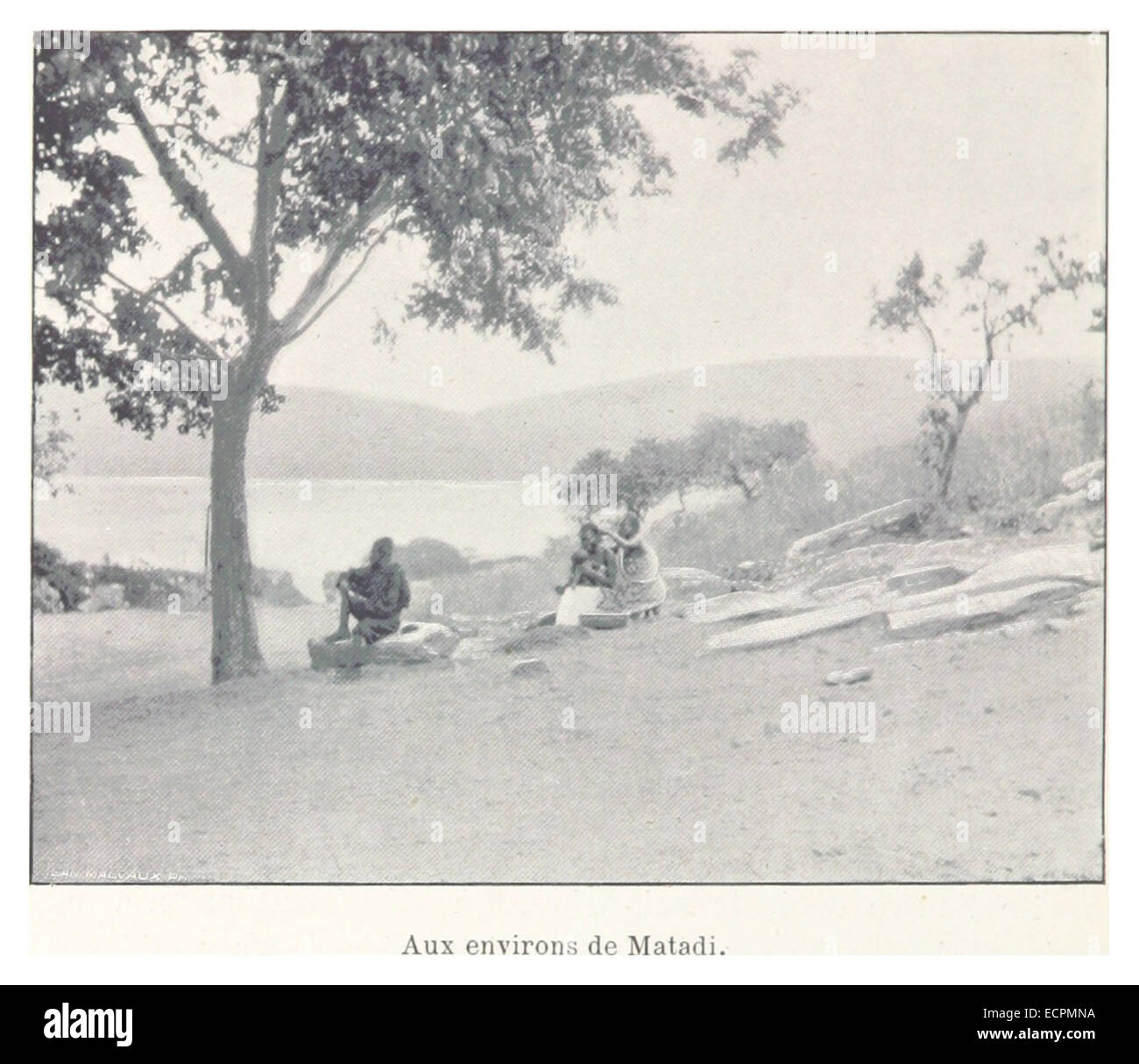 Diese Abbildung zeigt die Gegend um Matadi, eine Hafenstadt in der Demokratischen Republik Kongo. Die Zeichnung zeigt die Topographie und Infrastruktur der Region während des späten 19. Jahrhunderts. Stockfoto
