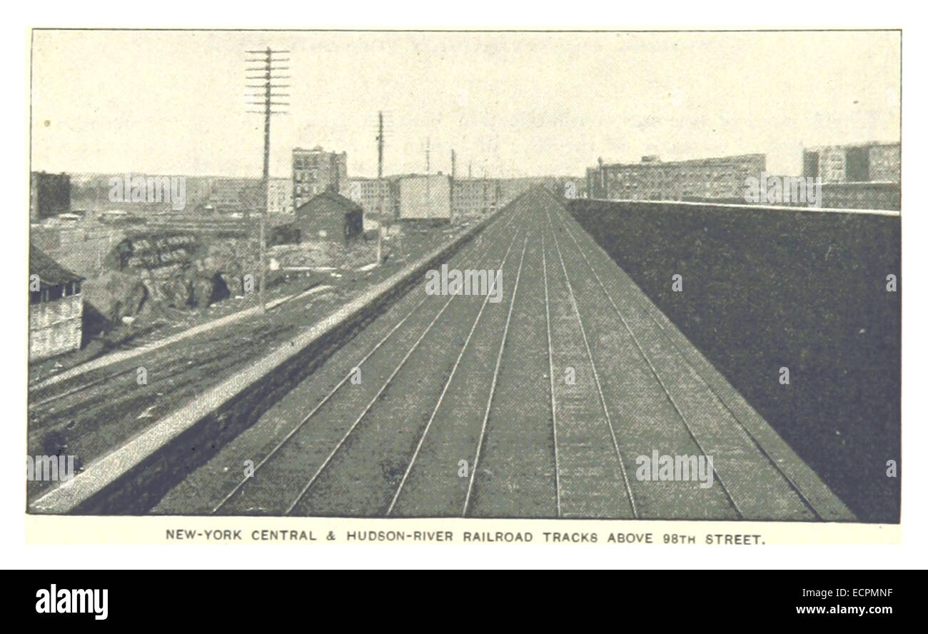 Dieser Standort an der 116th Street an der New York Central und der Hudson River Railroad stellt einen wichtigen Teil des Eisenbahnsystems dar, das über der 98th Street in New York City verläuft und seine Rolle im städtischen Verkehr und in der Infrastruktur demonstriert. Stockfoto
