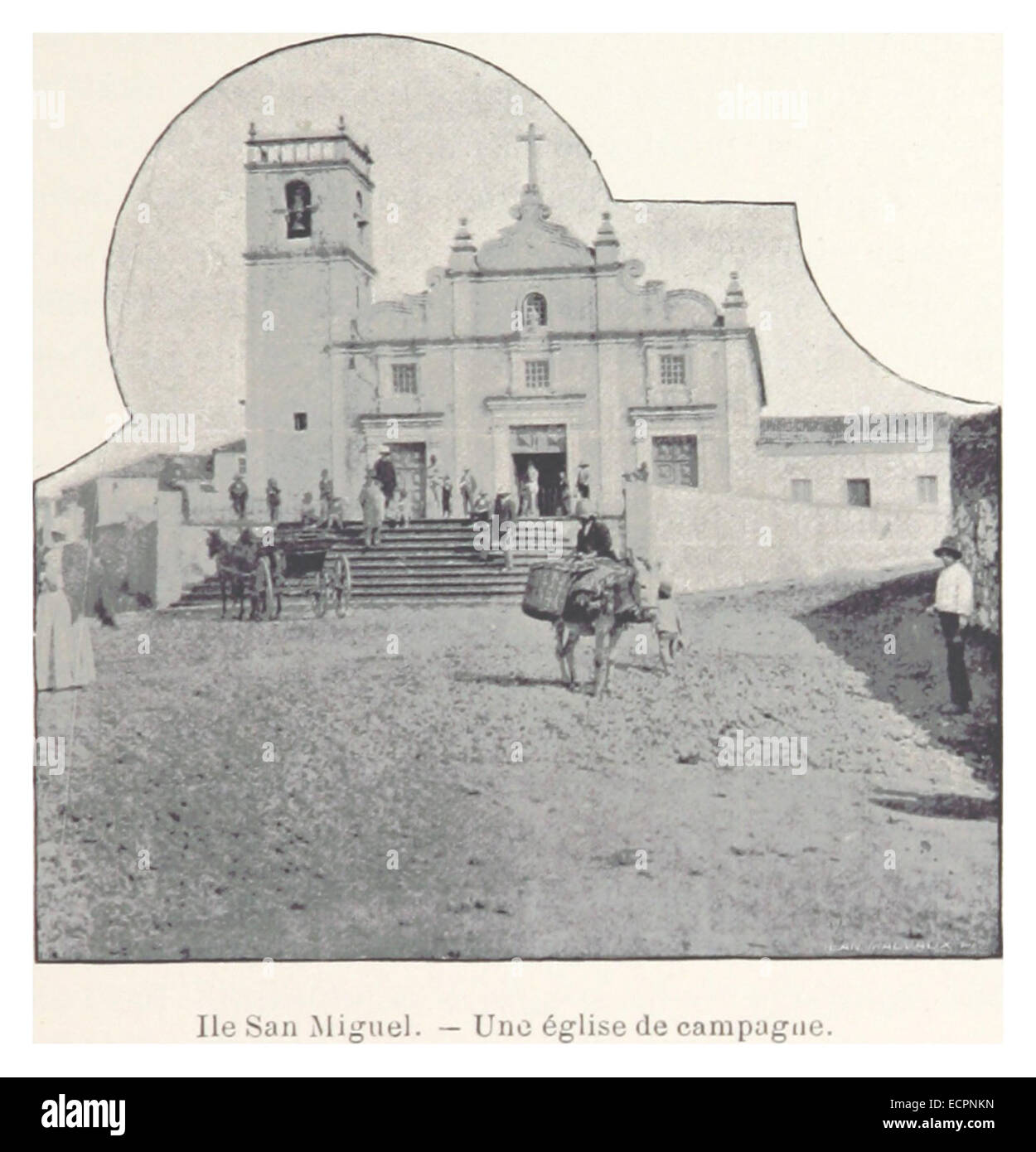 Eine Illustration einer Landkirche auf der Insel San Miguel auf den Kanalinseln. Das Bild zeigt die rustikale Architektur der Kirche, die die ländliche und friedliche Umgebung der Insel erfasst. Stockfoto