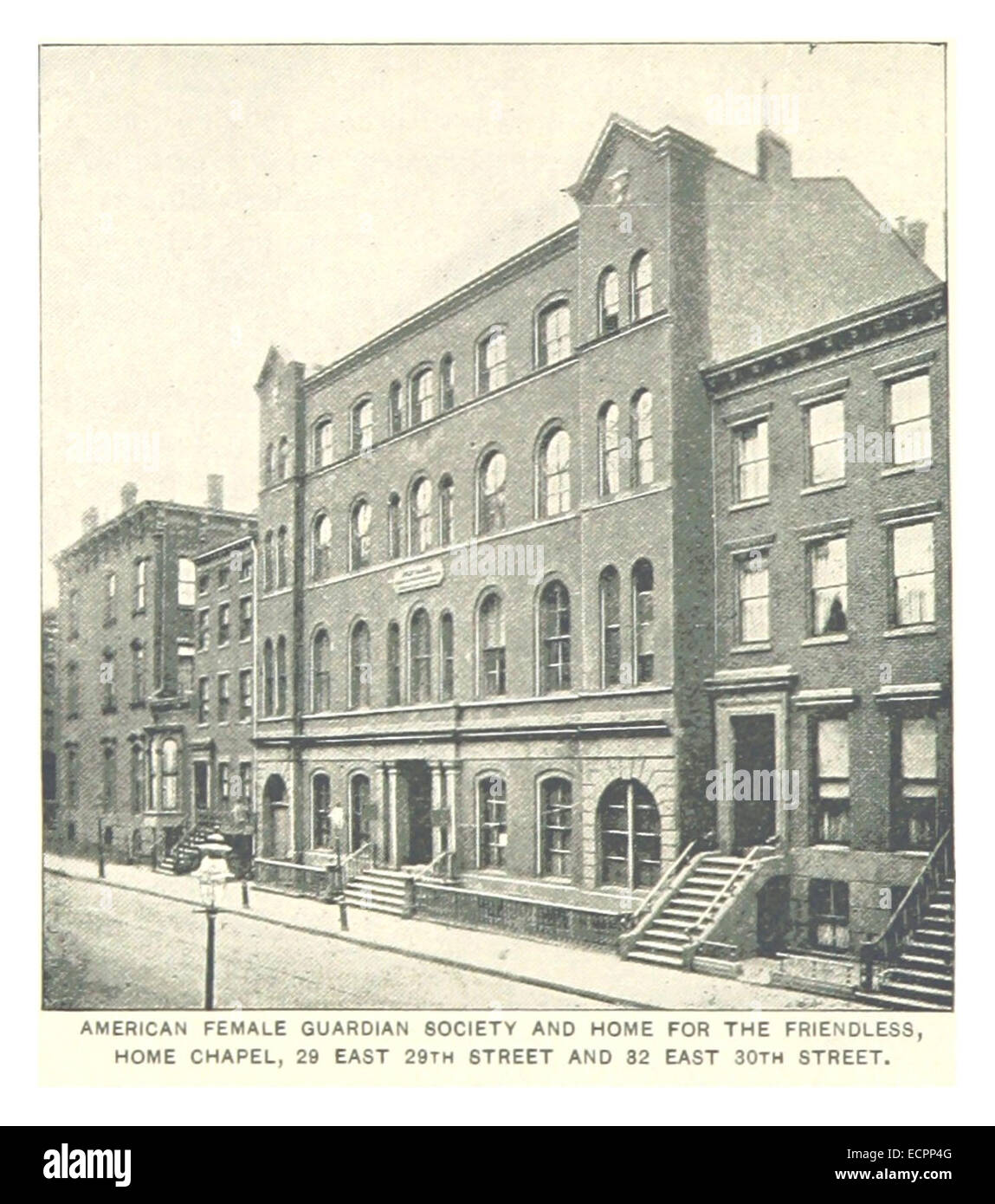 Eine Illustration der American Female Guardian Society and Home for the Friendless, die sich in der 29 East 29th Street und 82 East 30th Street in New York befindet und ihre Rolle bei der Betreuung von Frauen und Kindern im späten 19. Jahrhundert unterstreicht. Stockfoto