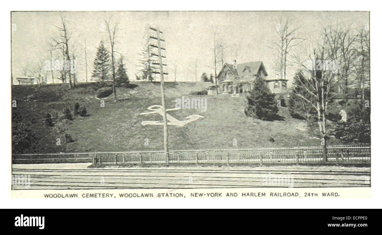 Eine Illustration des Woodlawn Cemetery, einer prominenten Grabstätte in der Bronx, New York City. Die Zeichnung erfasst die Landschaft, das Layout und die architektonischen Merkmale dieses historischen Friedhofs. Stockfoto