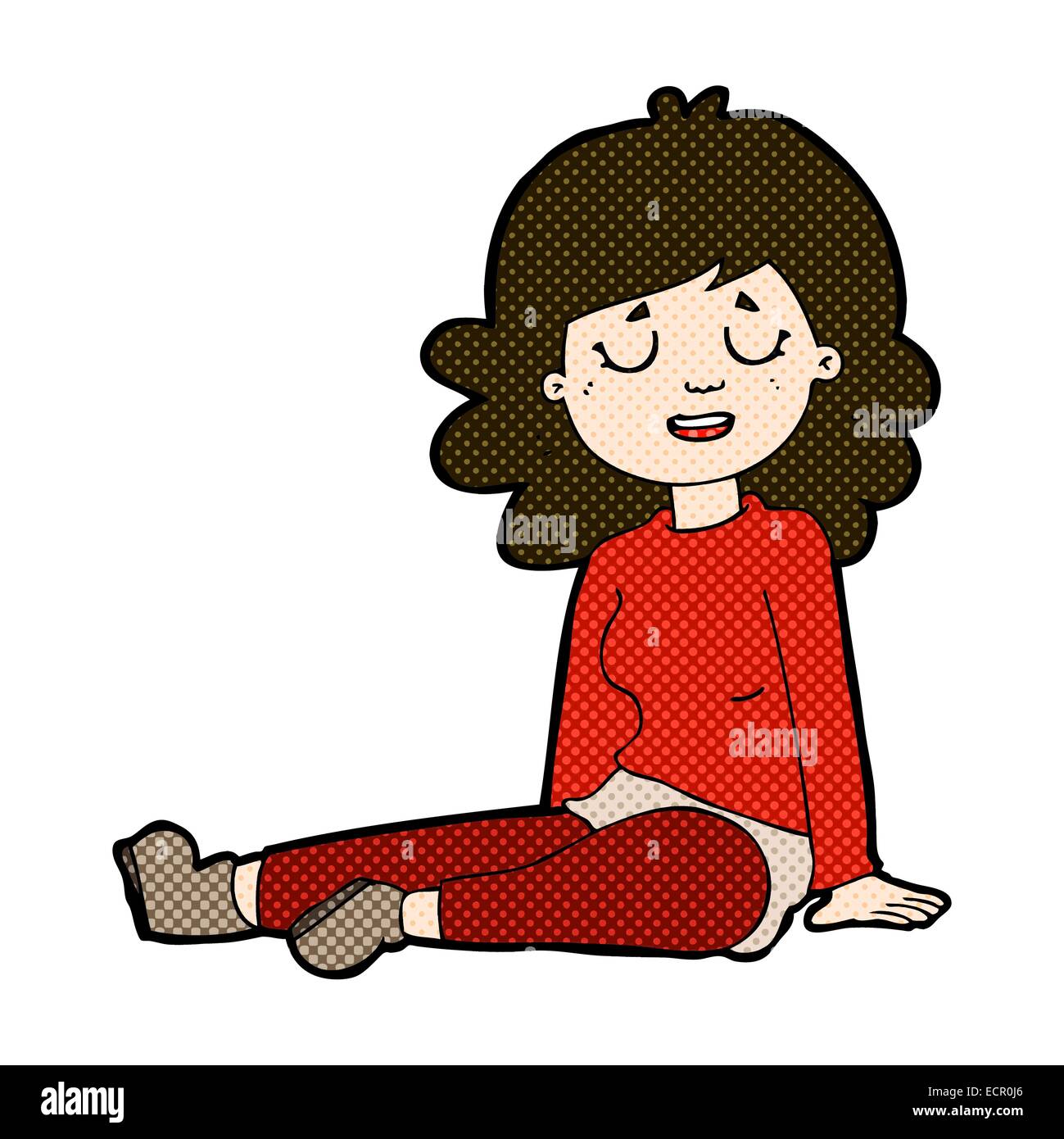 Retro Comic Stil Cartoon Gluckliche Frau Sitzen Auf Boden Stock Vektorgrafik Alamy