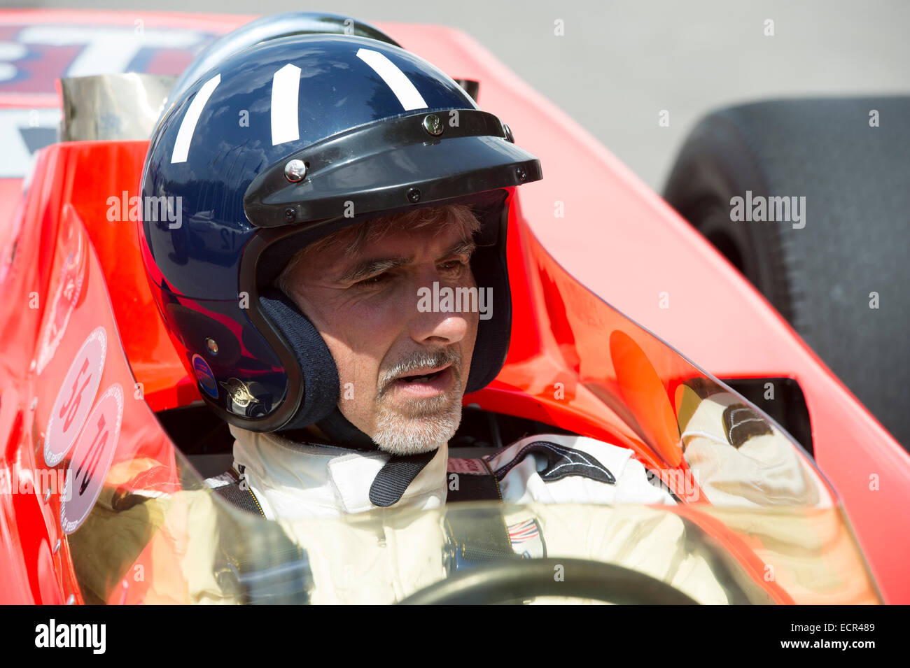 Damon Hill F1 Racing Fahrer saß in offenen Wagen mit Rädern Stockfoto