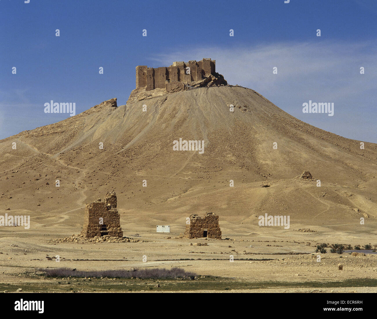 Syrien. Palmyra. Ruinen des Schlosses Qala'at ibn Maan auf Berg. 17. Jahrhundert. OAIS Tadmor. Foto vor dem syrischen Bürgerkrieg Stockfoto