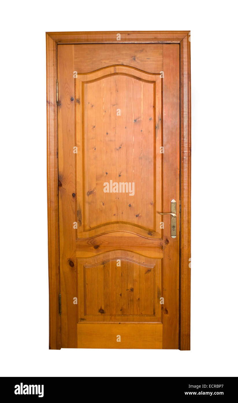 Holztür isoliert auf weißem Hintergrund Stockfoto