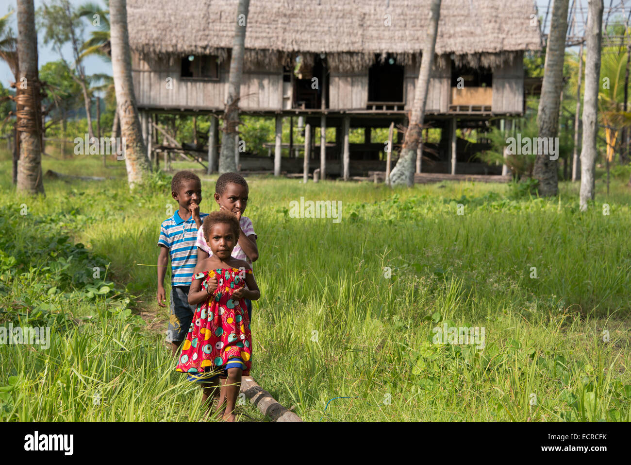 Melanesien, Papua-Neu-Guinea, Sepik River Gebiet, Murik Lakes, Karau Dorf. Dorfkinder mit typischen gestelzt Holzhaus. Stockfoto