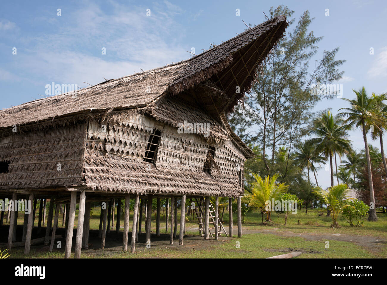 Melanesien, Papua-Neu-Guinea, Sepik River Gebiet, Murik Lakes, Karau Dorf. Verziert gestelzt Herren Lodge. Stockfoto