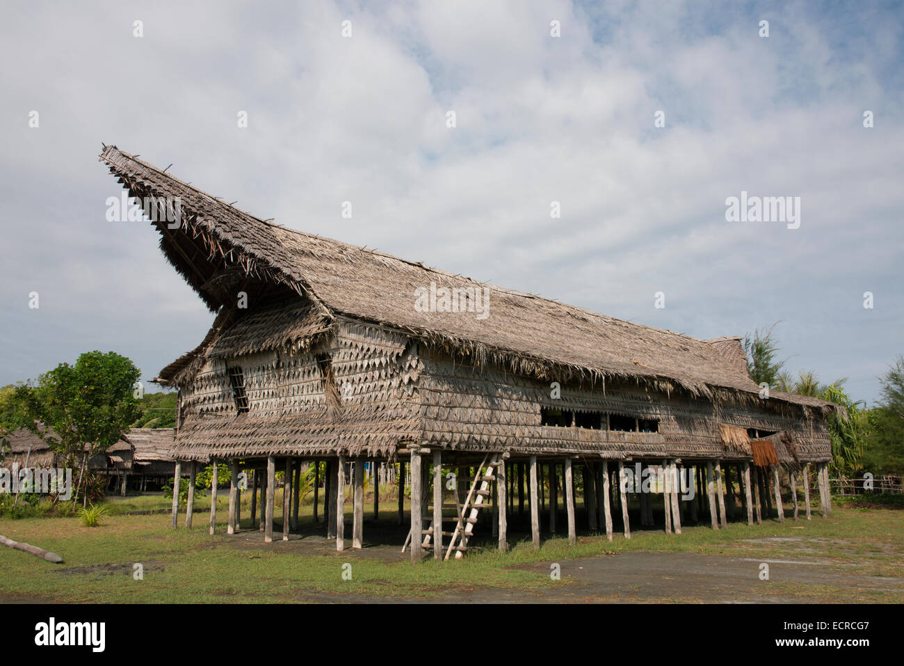 Melanesien, Papua-Neu-Guinea, Sepik River Gebiet, Murik Lakes, Karau Dorf. Verziert gestelzt Herren Lodge. Stockfoto