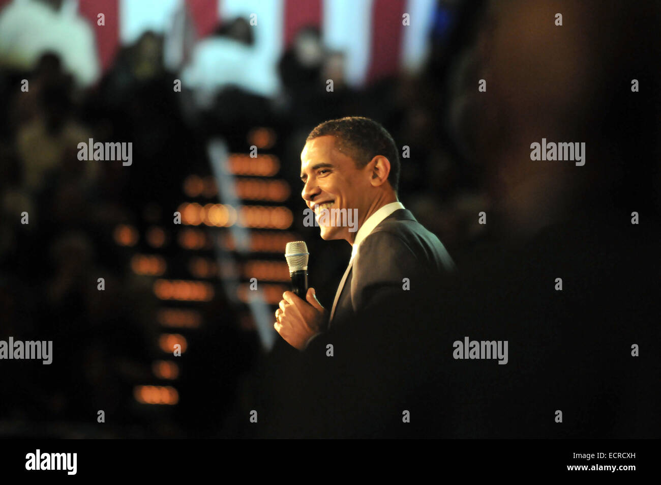 Senator Barack Obama spricht während Präsidentenkampagne in Harrisburg, PA, im Jahr 2008. Stockfoto