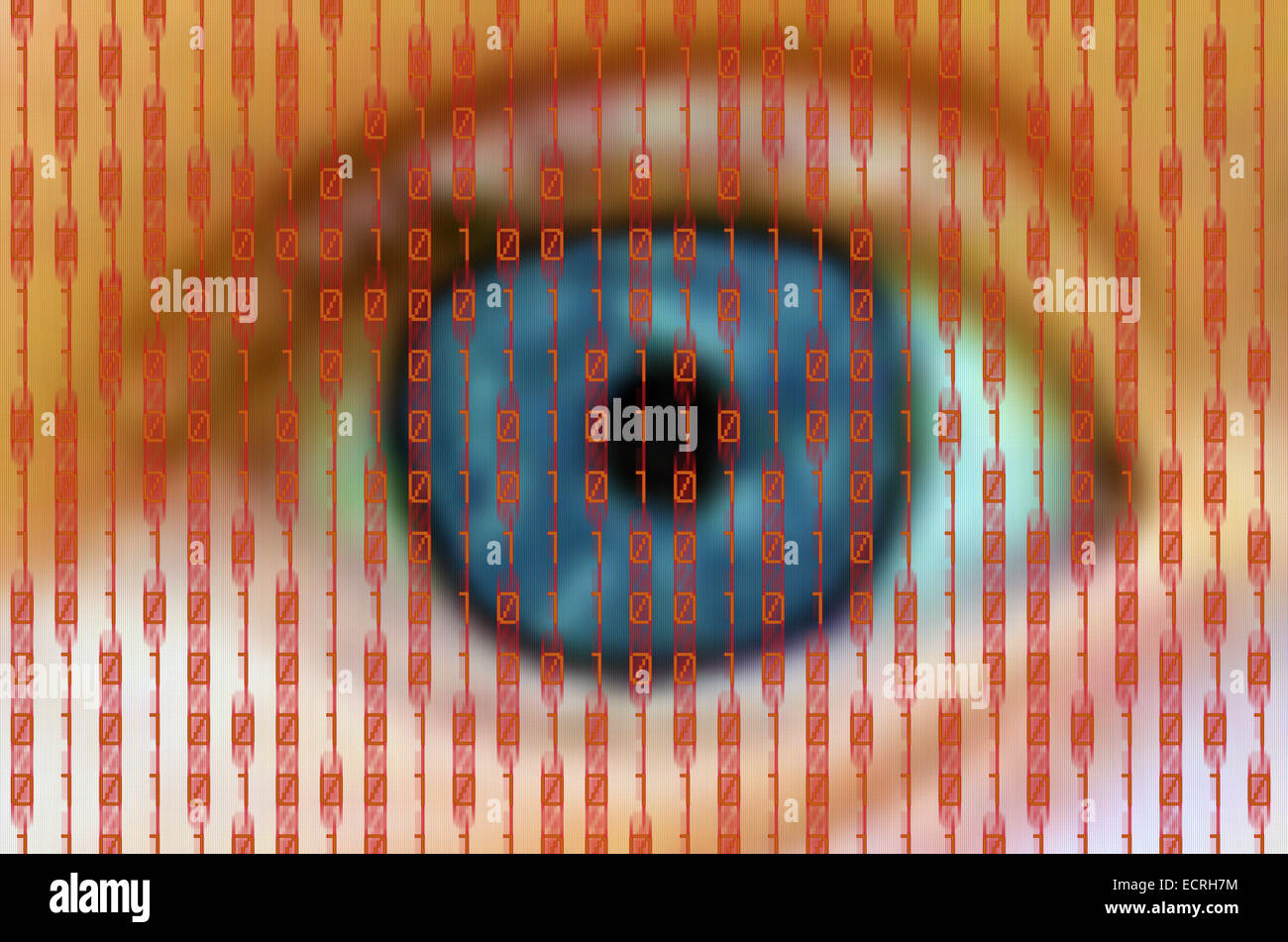 menschliche Auge hinter einem digitalen Bildschirm mit roten Binärzahlen Stockfoto