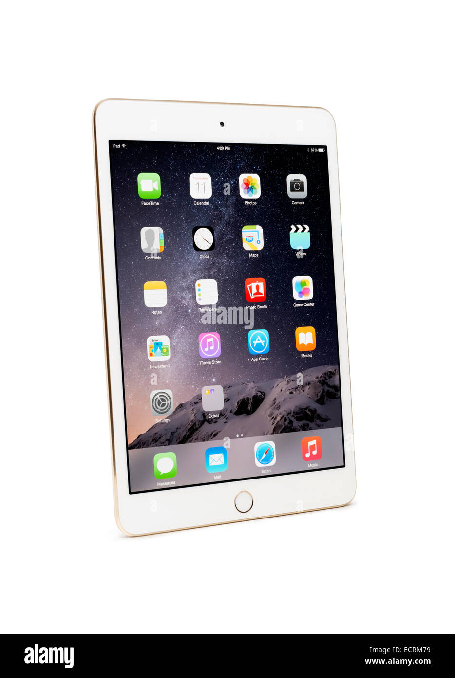 Weißgold Apple Tablet iPad Mini 3 isoliert mit Beschneidungspfad auf weißem Hintergrund Stockfoto