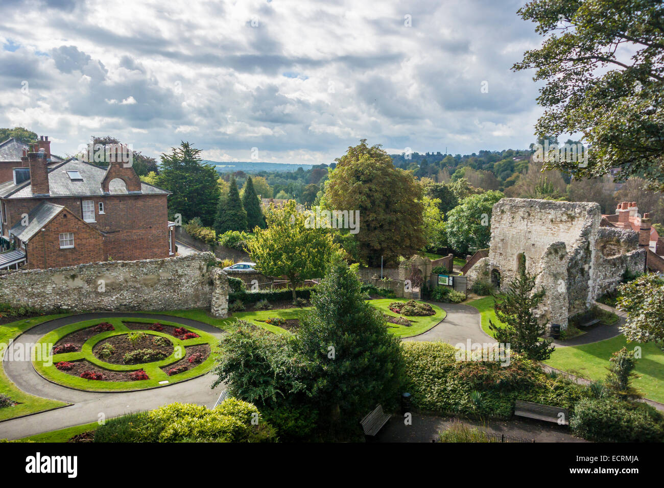 Guildford Schlossgärten und Aussicht vom Turm Stockfoto