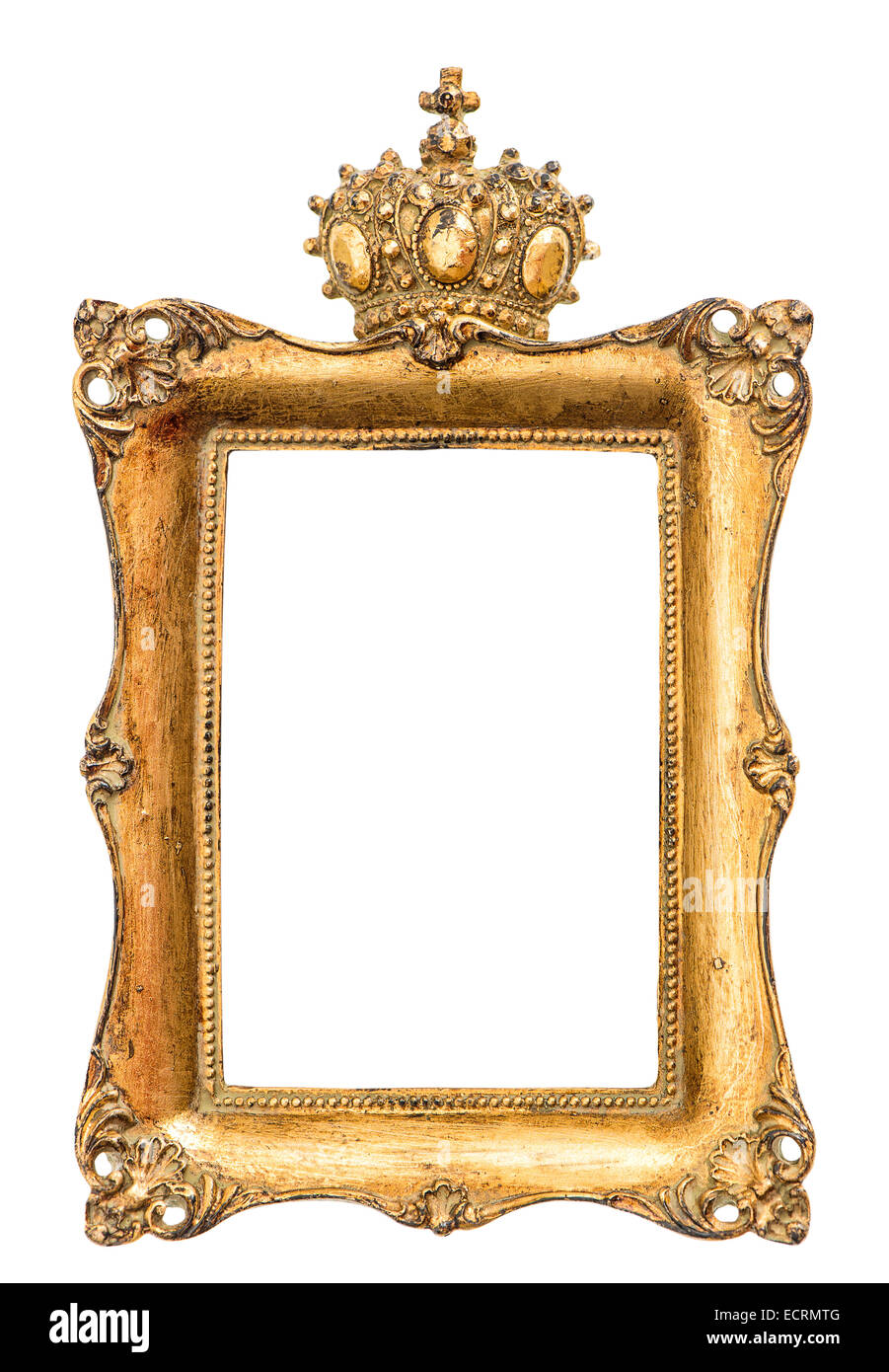 barocken goldenen Bilderrahmen isoliert auf weißem Hintergrund. Vintage Style-Objekt mit Krone für König oder Königin Stockfoto