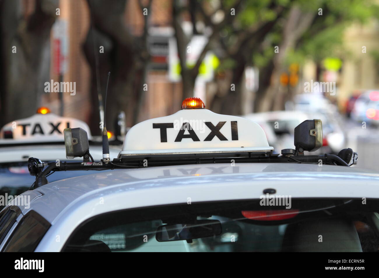 Taxis warten auf Tarife entlang einer Allee in The Rocks, Sydney, Australien. Stockfoto