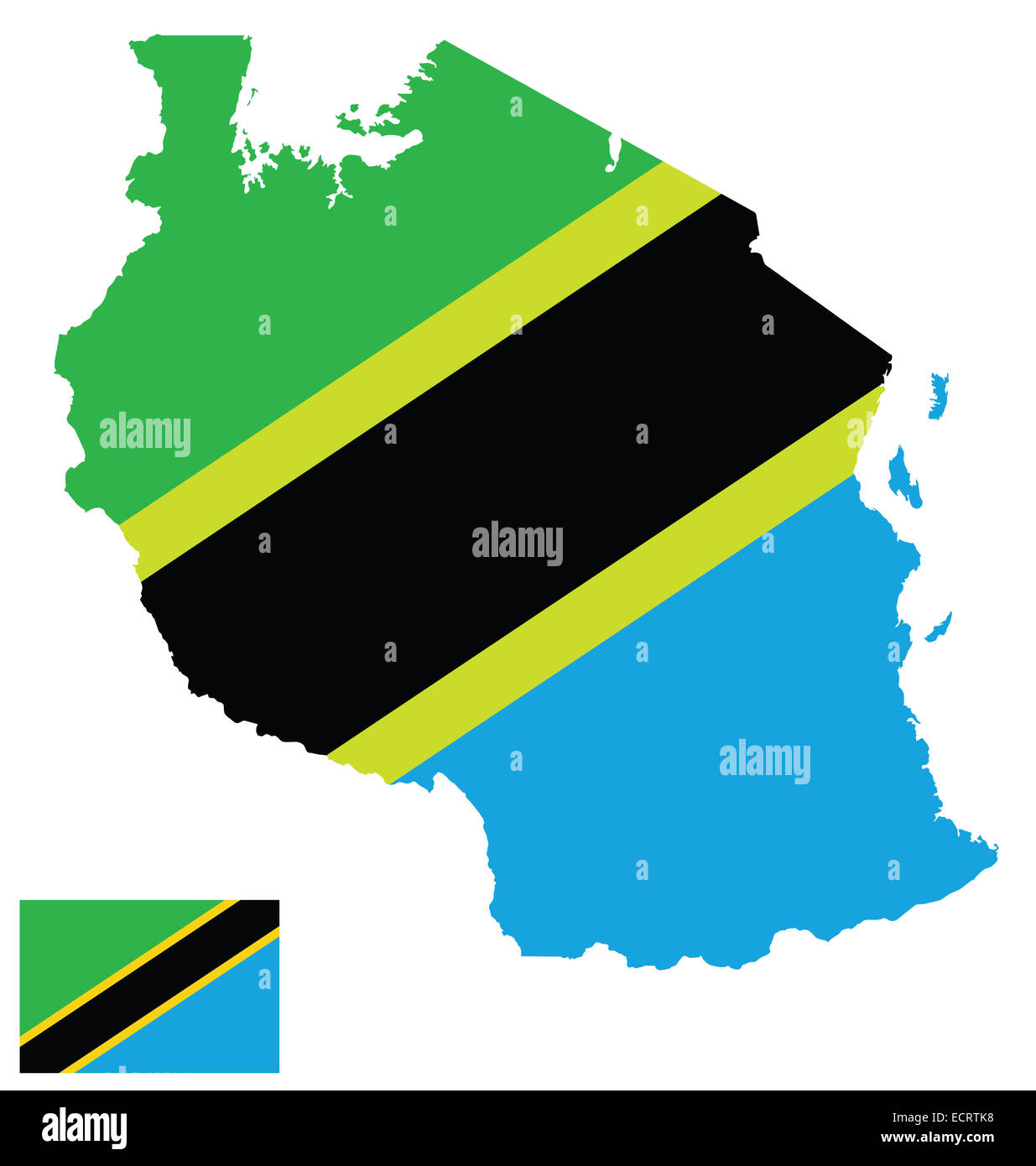 Flagge der Vereinigten Republik Tansania überlagert, detaillierte Übersichtskarte Stockfoto