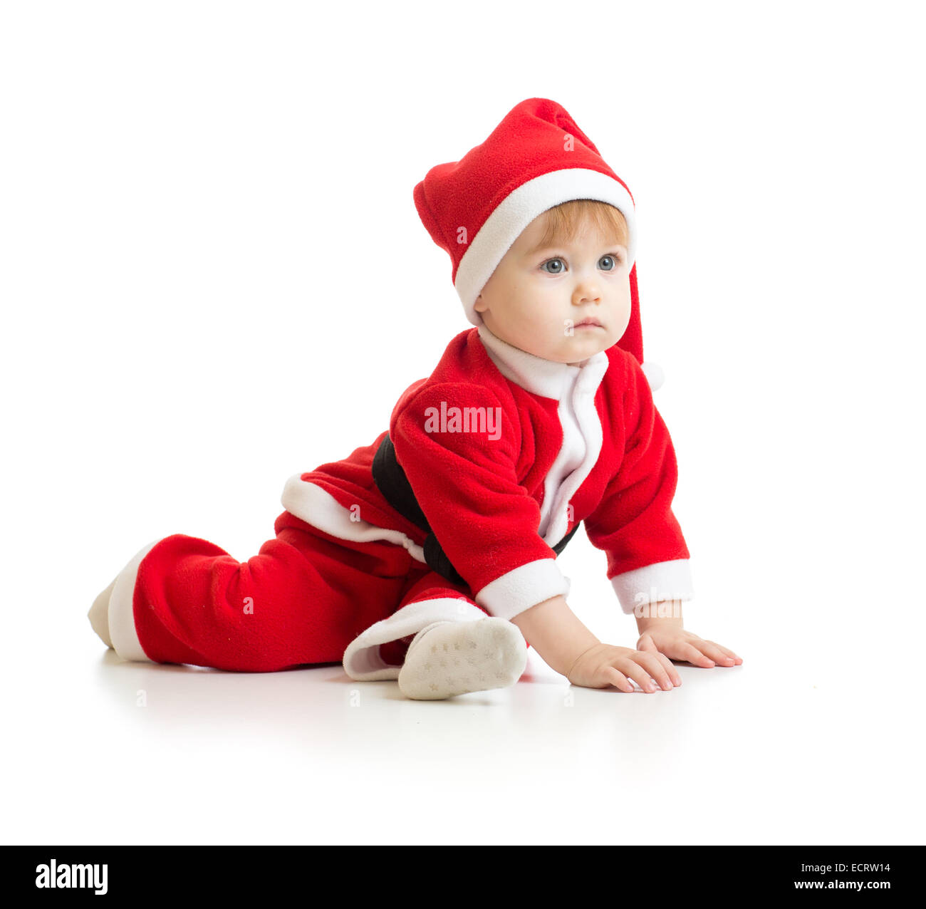 Weihnachten Baby in Santas Kleidung isoliert auf weiss Stockfoto