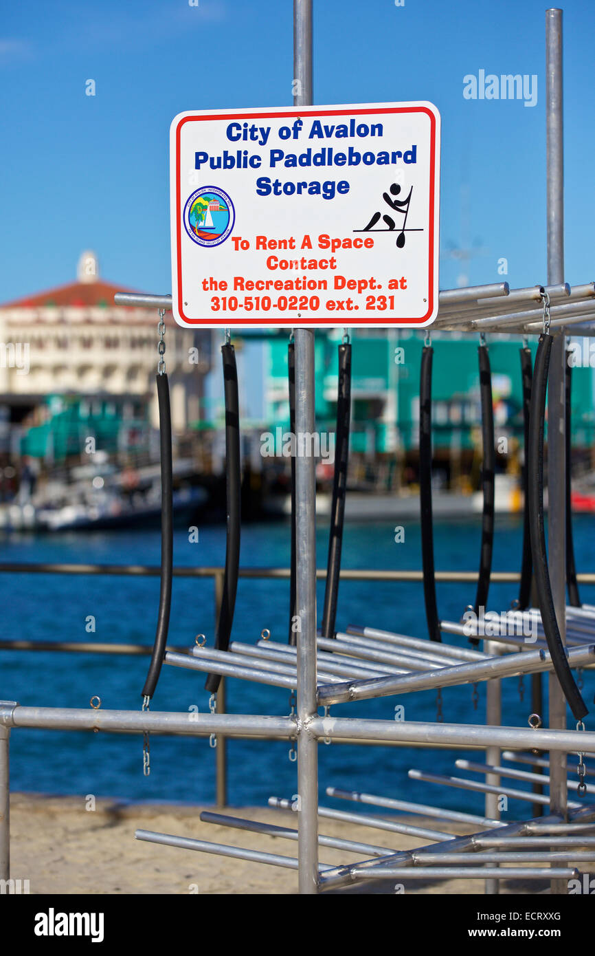 Paddleboard Lagerregal in Avalon, Catalina Island, Kalifornien. Das berühmte Casino Gebäude verschwommen im Hintergrund. Stockfoto