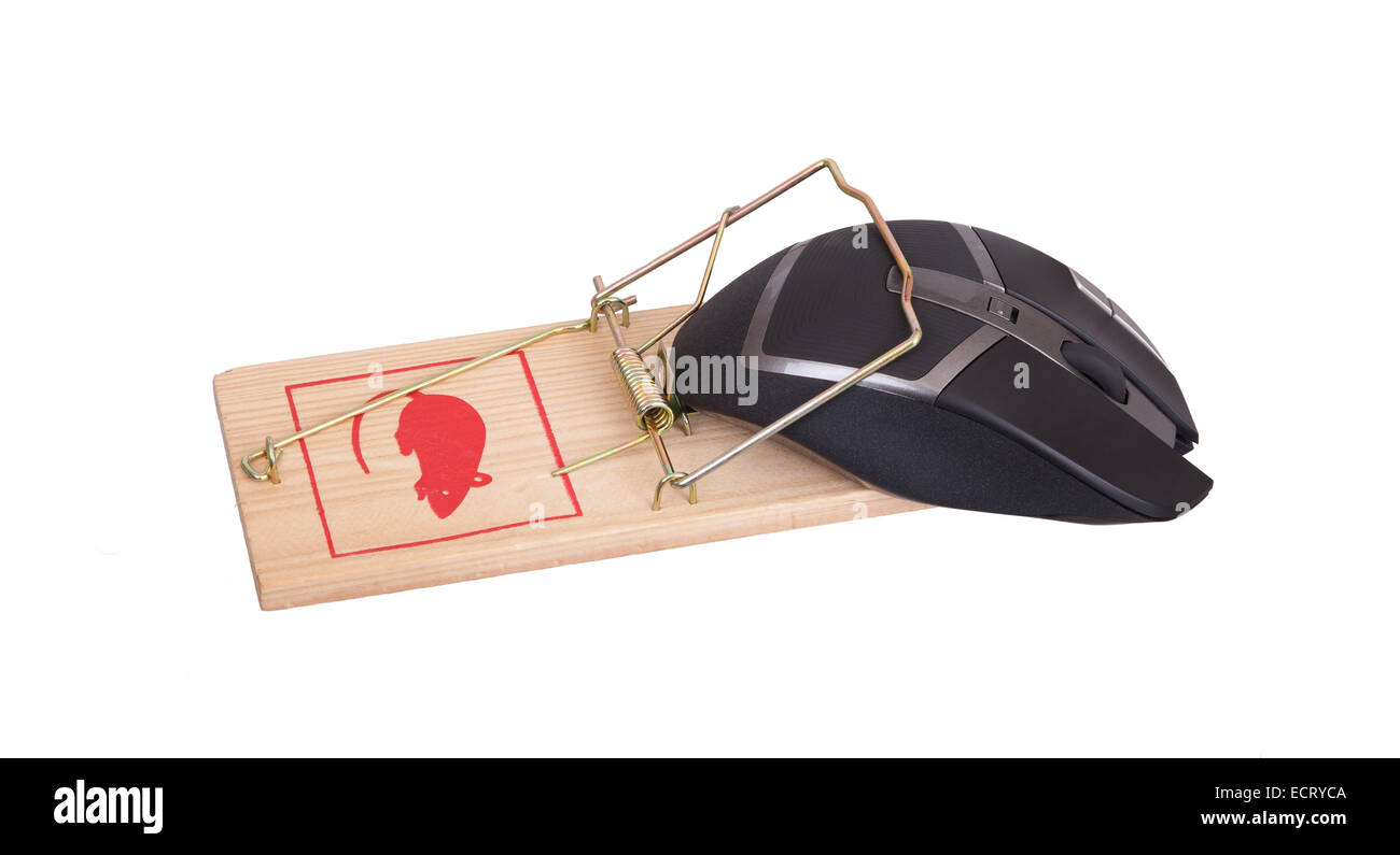 Moderne Computer-Maus in einer Mausefalle vor weißem Hintergrund Stockfoto