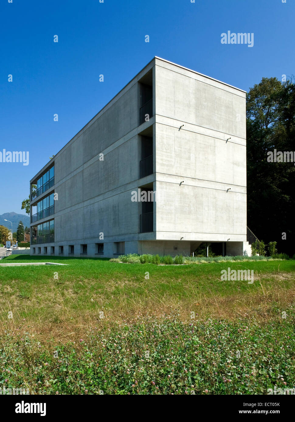 Zement Gebäude Außenfenster Rasen Himmel Stockfoto