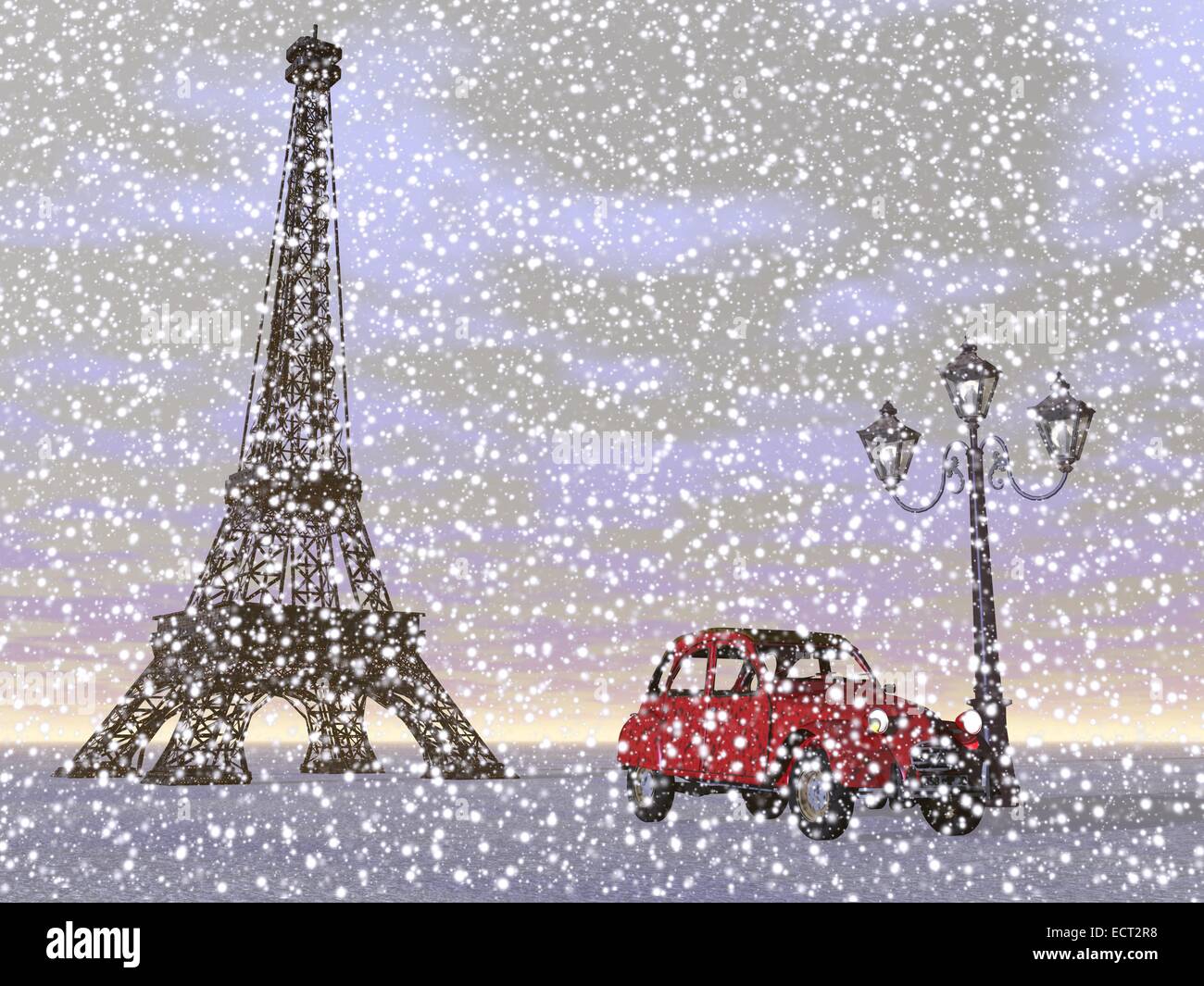Französisch Eiffelturm neben typischen roten Autos und alte Straßenlaterne durch schneit Winterwetter, Paris, Frankreich Stockfoto