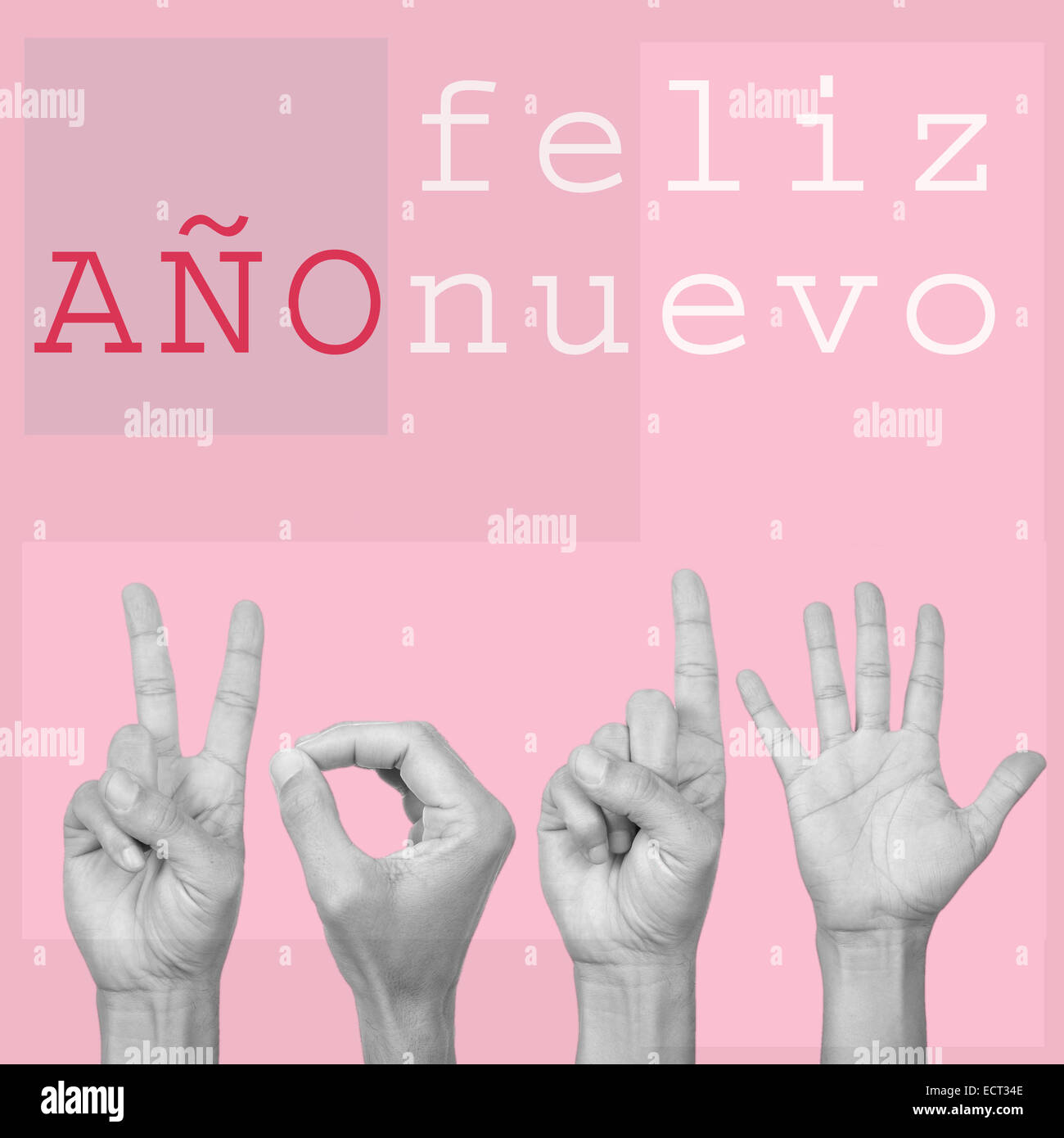 der Text Feliz Ano Nuevo, happy New Year auf Spanisch und Mannhände bilden die Zahl 2015 auf einem rosa Hintergrund in ein Pop-Art-s Stockfoto