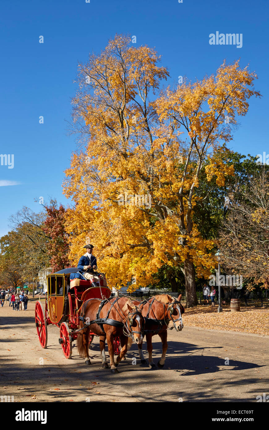 Pferdekutsche auf Duke of Gloucester Street. Colonial Williamsburg, Virginia, USA. Stockfoto