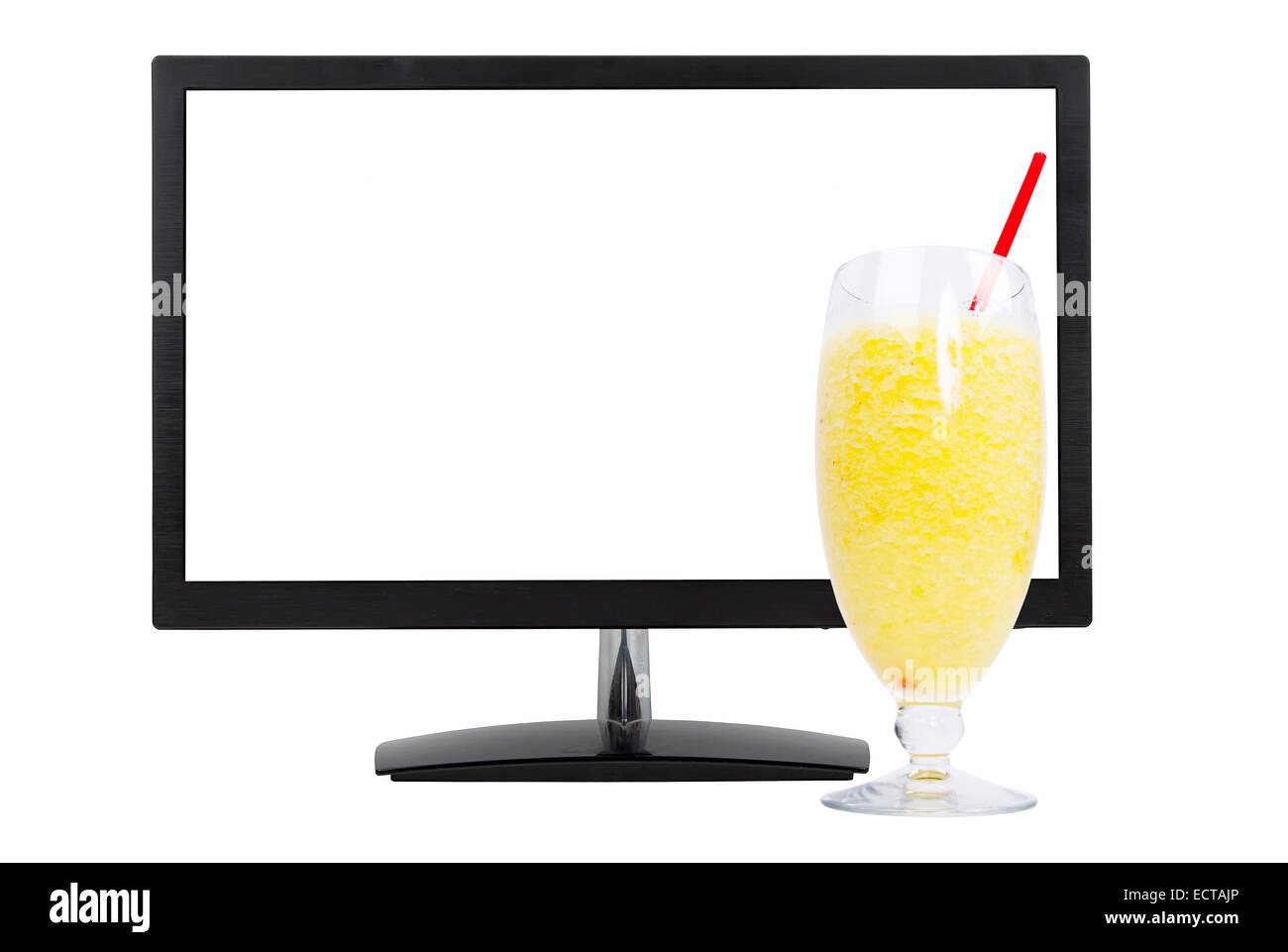 Computer-Monitor und frischen Saft isoliert auf weißem Hintergrund Stockfoto
