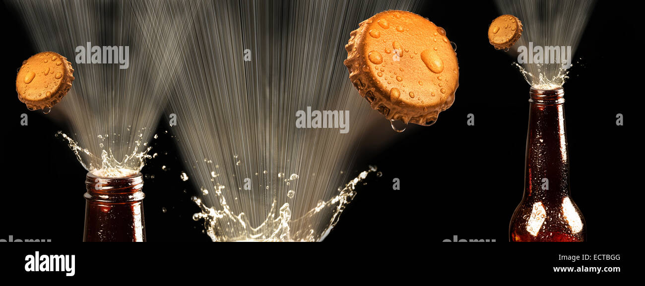 Knallende Spray Biere und Kappen... Stockfoto