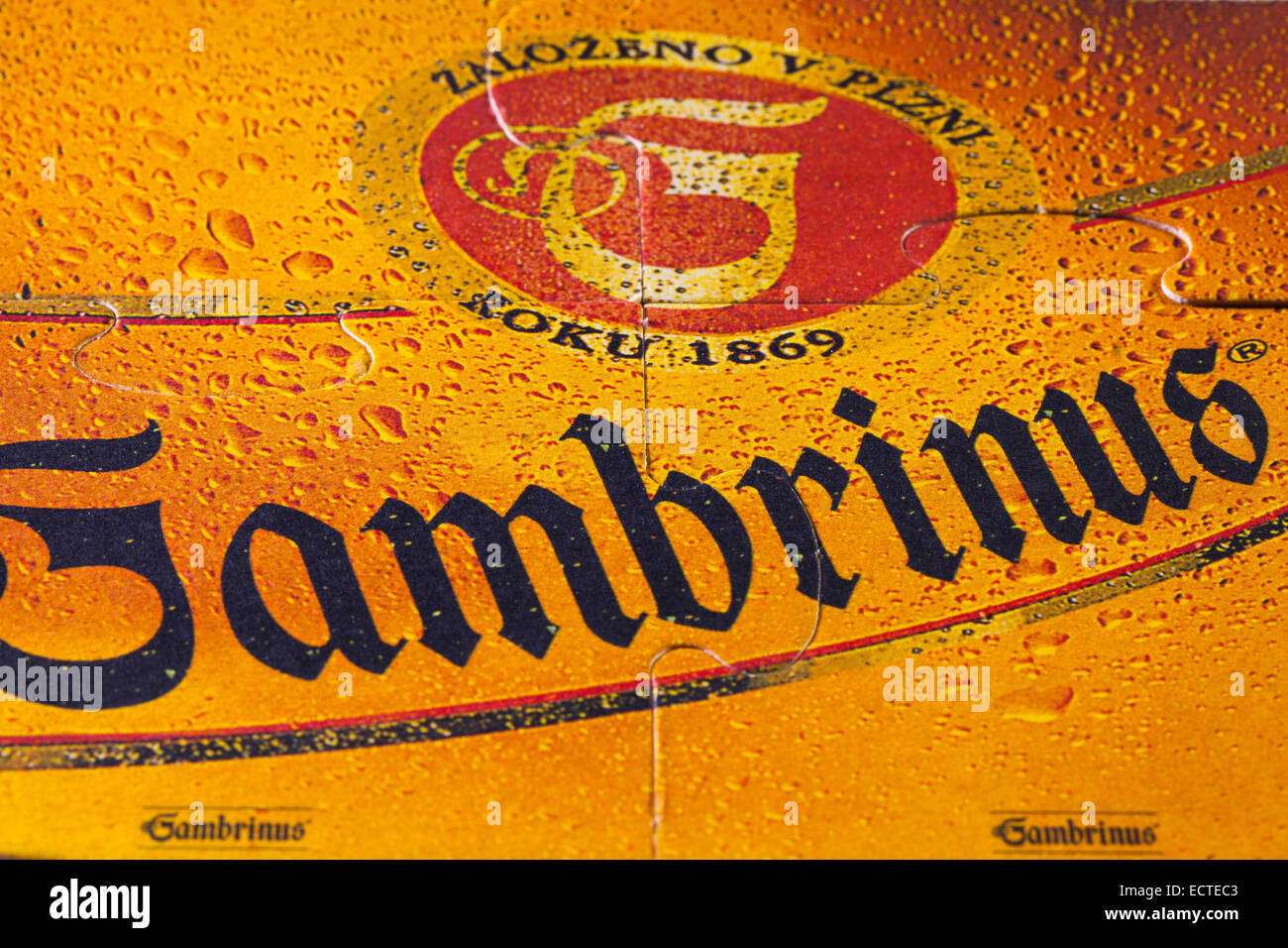 Prag, Czech Republik-Dezember 3, 2014:Beermats von Gambrinus Bier. Gambrinus ist ein Bier in der Plzensky Prazdroj Brauerei gebraut. Stockfoto