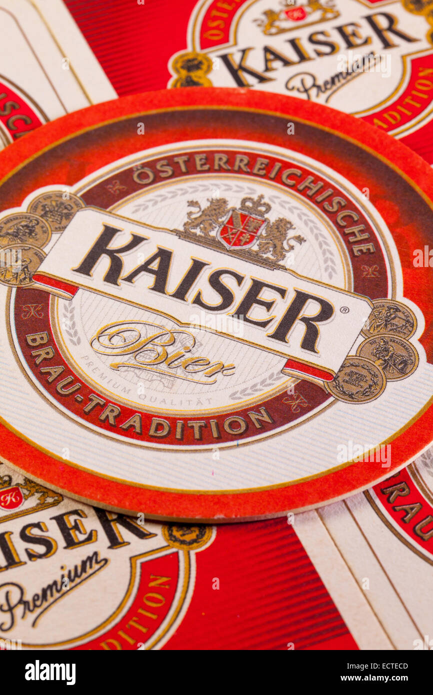 Österreich, LINZ-Juli 7,2014: Kaiser Beer ist das beliebteste Bier gebraut in Linz. Die Biermarke hat eine lange Geschichte Stockfoto