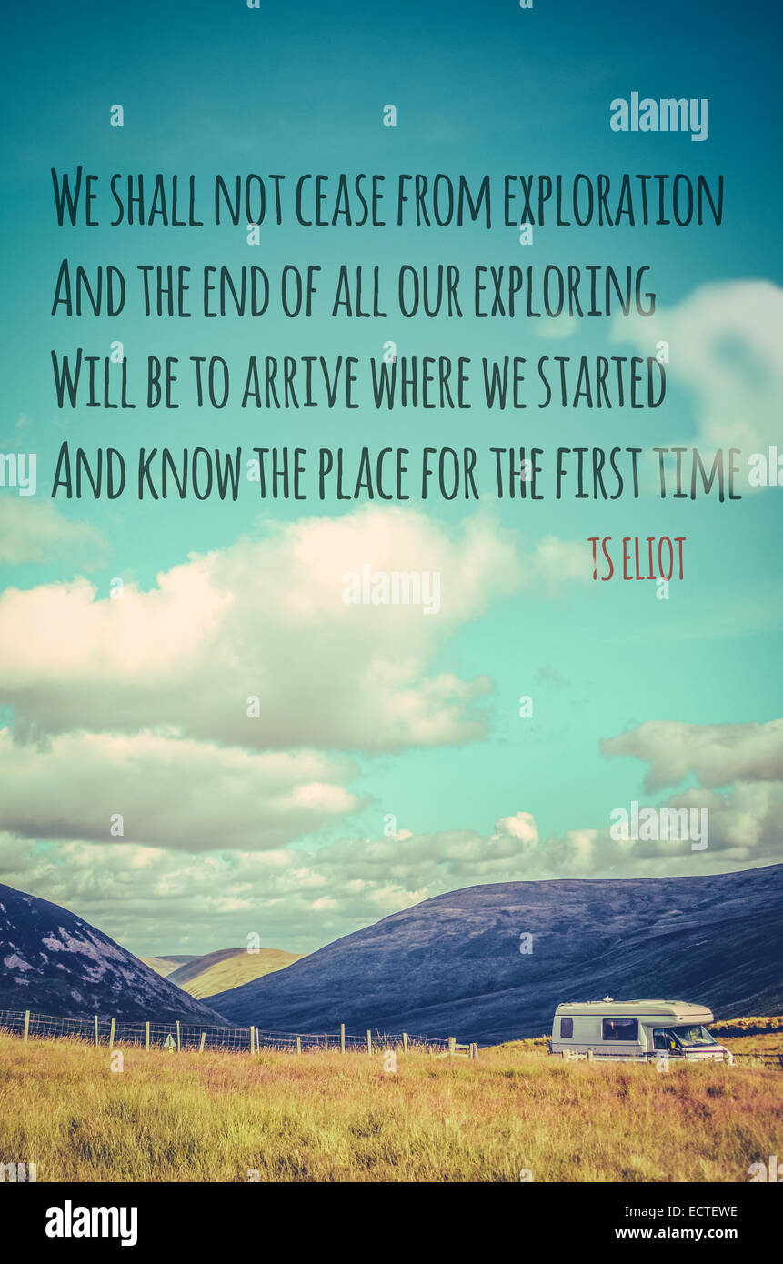 TS Eliot Zitat Poster über Reisen und Exploration Stockfoto