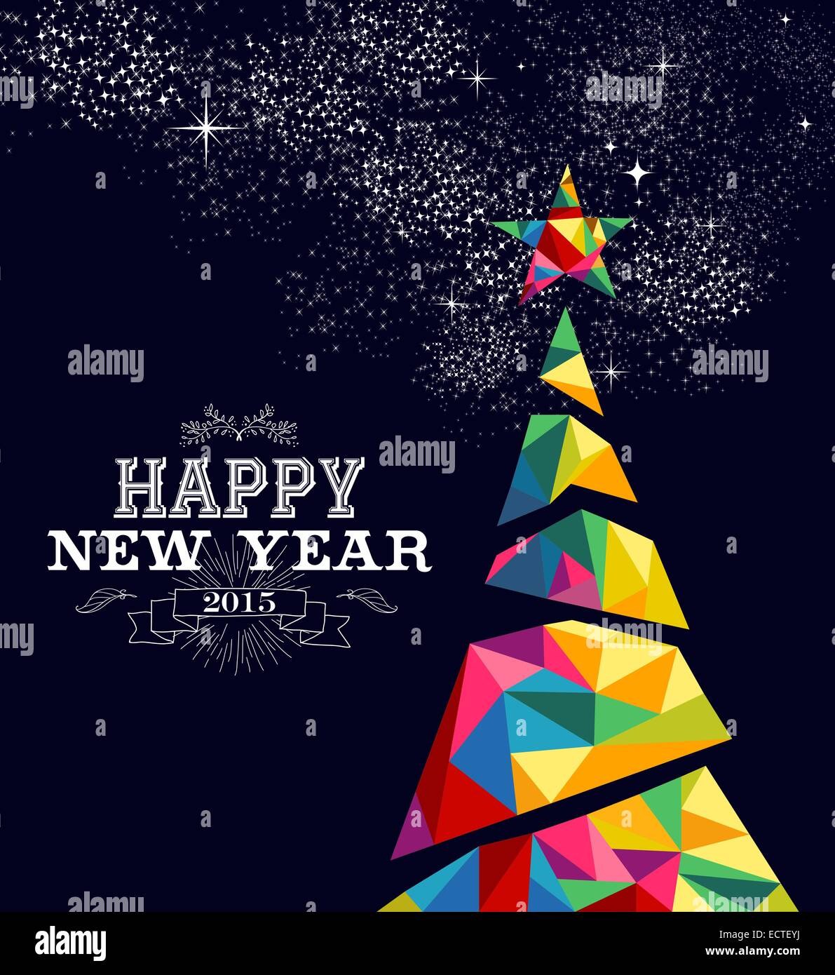 Frohes neues Jahr 2015 Grußkarte oder Poster-Design mit bunten Dreieck Baum und Vintage Label Illustration. EPS10 Vektor-Datei Stockfoto