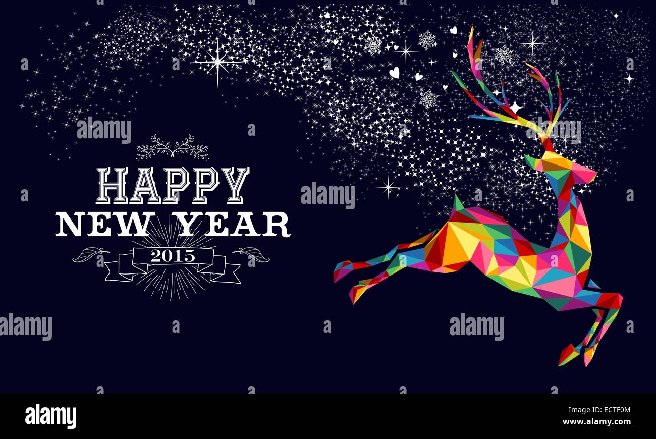 Frohes neues Jahr 2015 Grußkarte oder Poster-Design mit bunten Dreieck Rentier und Vintage Label Illustration. EPS10 Vektor Stockfoto