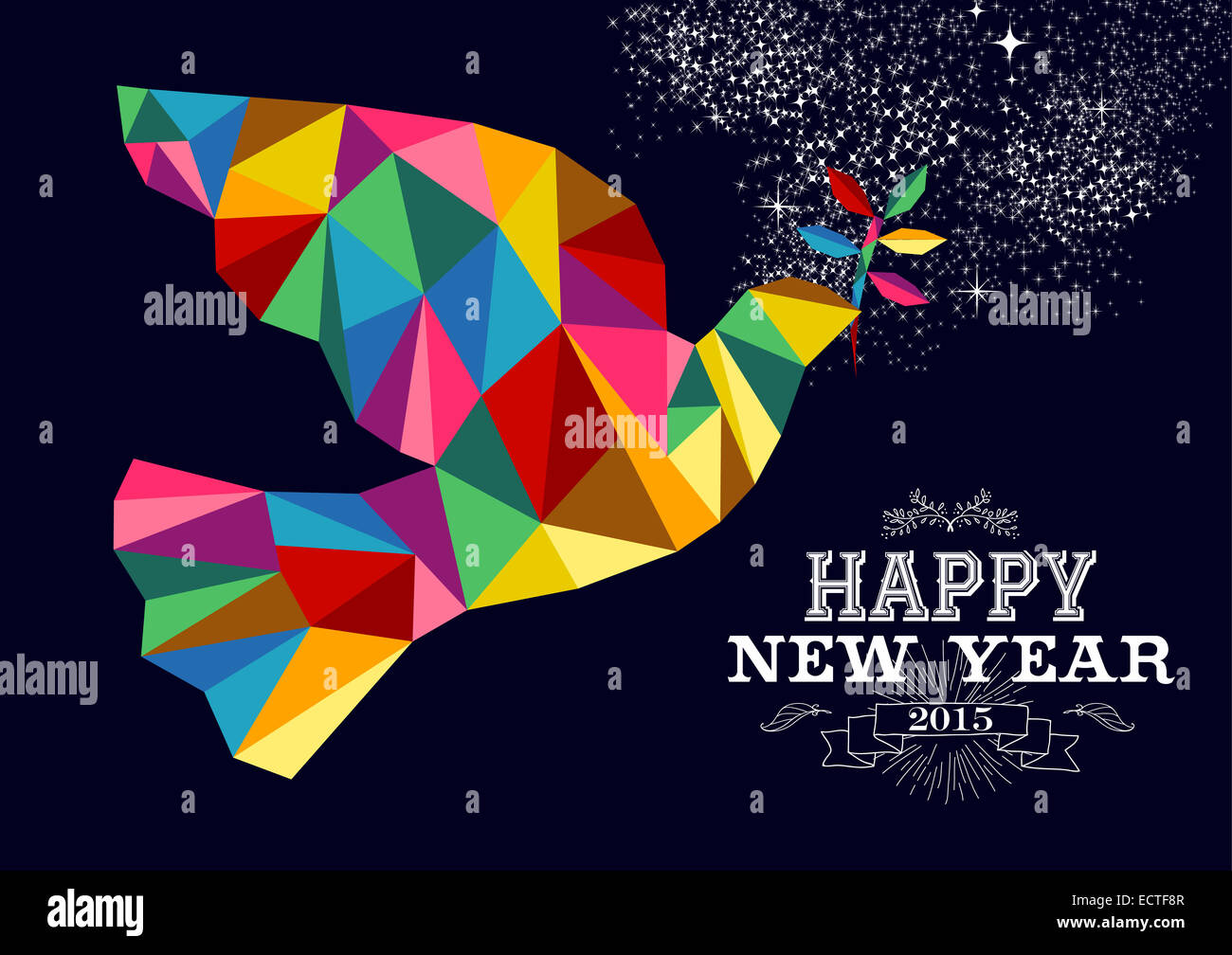 Frohes neues Jahr 2015 Grußkarte oder Poster design mit bunten Dreieck Friedens Taube und Vintage Label Illustration. EPS10 vecto Stockfoto