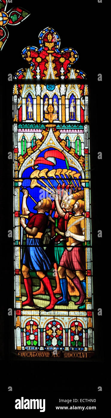 Glasfenster, Gideon führende Armee mit Trompeten gegen die Midianiter, von Thomas Ward, 1867, Ely Cathedral Stockfoto