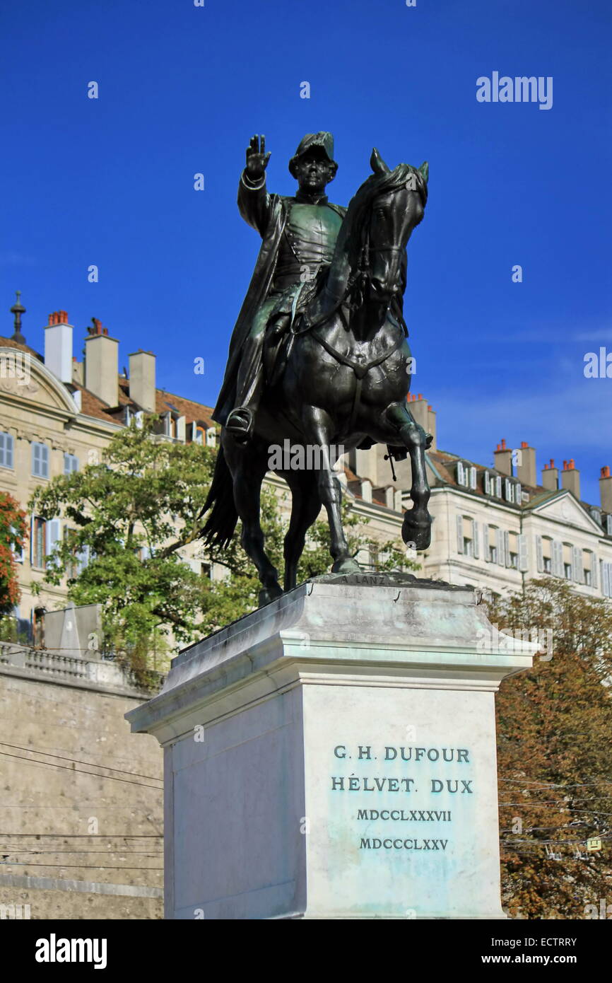 General Dufour-Statue errichtet im Jahre 1884, nationaler Held, Place Neuve, Genf, Schweiz. Stockfoto