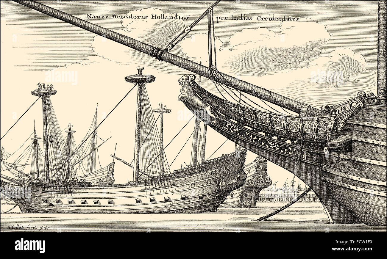 Schiff ein Ostindienfahrer, ein Schiff der niederländischen Ostindien-Kompanie, 17. Jahrhundert, Historische Altersspuren, Schiffstyp Eines Ostindie Stockfoto