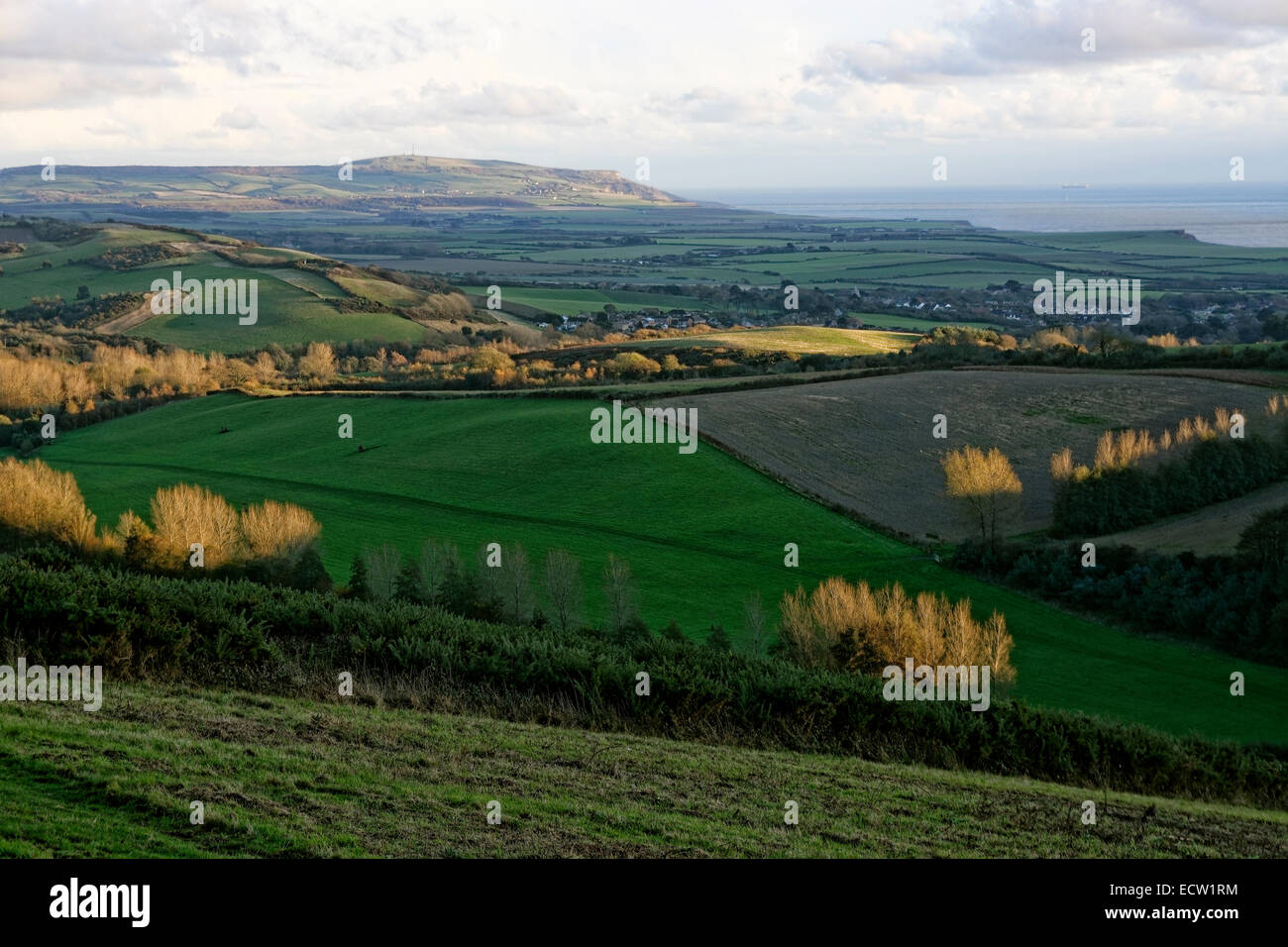 Aussehende Süden hoch auf Mottistone Down, Isle Of Wight, Großbritannien in späten Nachmittagssonne mit Brighstone im Flachland Stockfoto